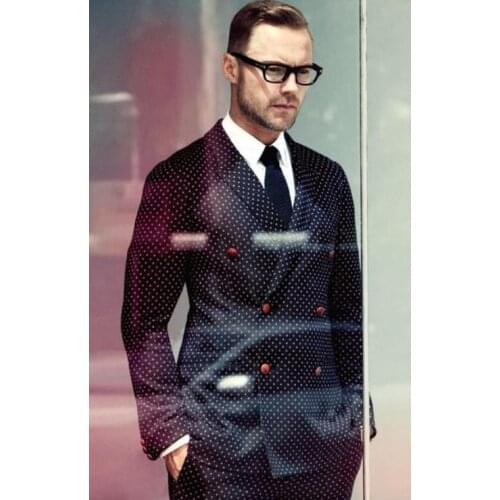 New Arrival Dot Slim Fit Mens Suits 2Pcs Custom Tuxedos Double Breasted Terno Masculino Tuxedos Suits Jacket+Pant+Tie