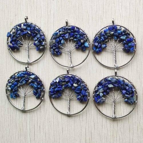 Wholesale 12pcs/lot fashion natural Lapis Lazuli handmade wire wrapped tree of life pendants 50mm for necklace marking free