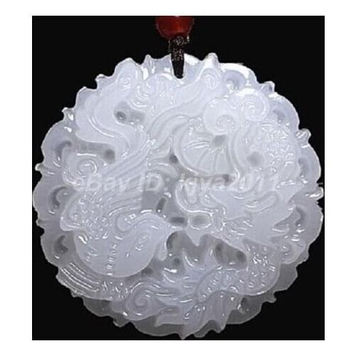 100% Natural Hand-carved Chinese White Pendant Necklace - Dragon & Phoenix