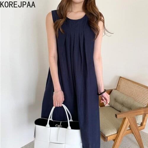 Korejpaa Women Tank Dress 2021 Summer Korean Fashion Simple Round Collar Pleat Loose Solid Color Casual Vest Dresses Female