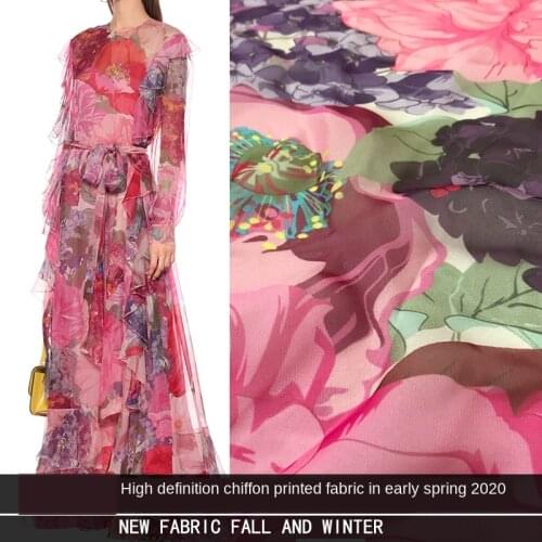 2020 early spring fashion cloth European and American style show pink flowers plant printed chiffon skirt fabric new