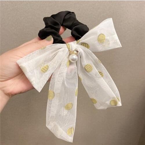 New Super Dot Ribbon Bowknot Scrunchies Korean Hair Tie Hair Accessories Pearl Chiffon Elastic Hair Bands Women Casual Hair Band
