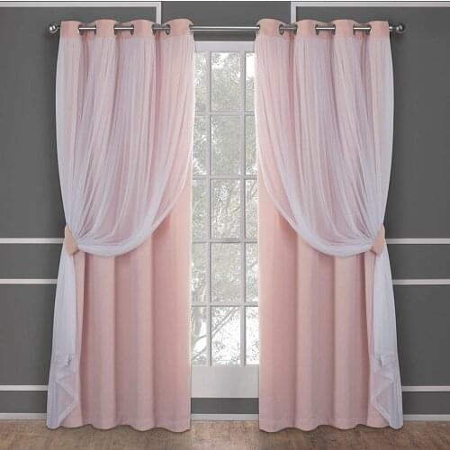 Pink Blackout Curtains for Living Room Eyelet Gray Thermal Insulated White Sheer Curtain Window Treatments for Princess Bedroom