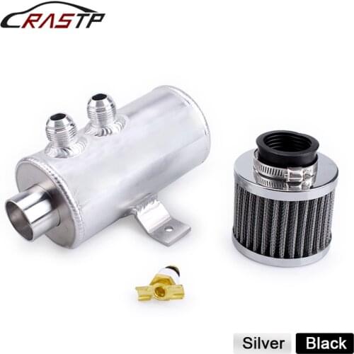 Universal AN10 Car Baffled Engine Black Silver Oil Catch Can 750ml with Twin Port Breather Filter Kit Fuel Tank RS-OCC034