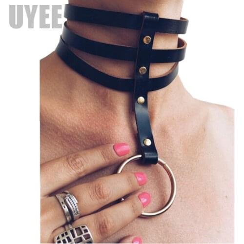 UYEE Black Fetish PU Leather 3 Layers Collar Neck Straps Adjustable Belt Rock Gothic BDSM Collar Bondage Lingerie Belts LN-009
