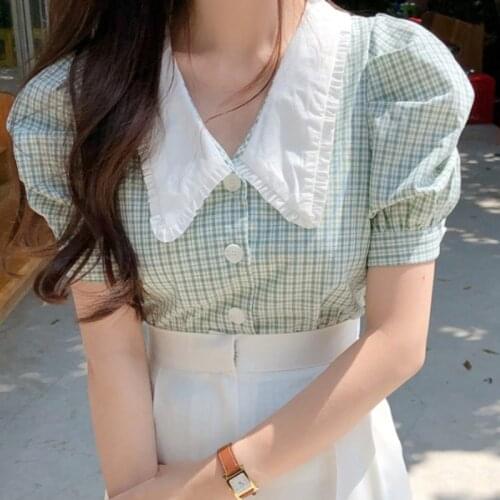 Vintage Plaid Blouse 2021 Summer Stylish Short Sleeve Peter Pan Collar Button Casual Shirts Chic Slim Tops Blusas