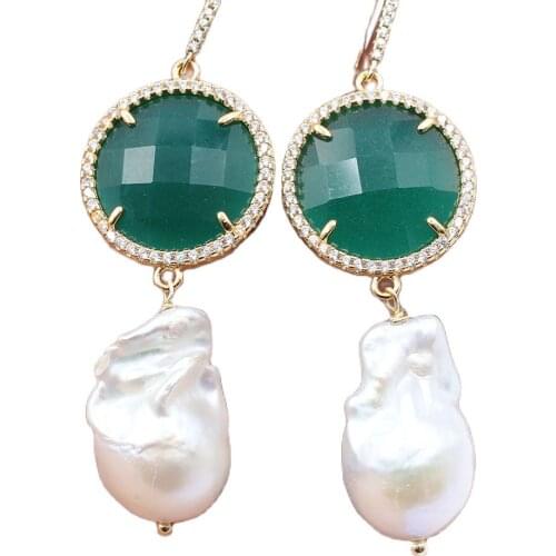 GuaiGuai Jewelry Natural White Baroque Pearl Green Jades Connector Coin CZ Paved Hook Dangle Earrings Handmade For Women