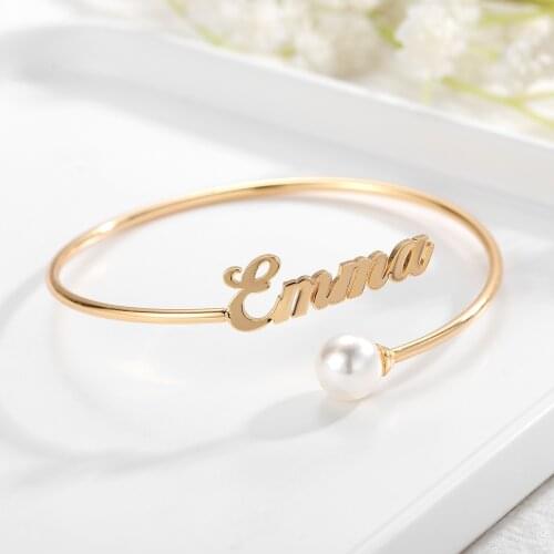 Custom Name Pearl Bangle Personalized Stainless Steel Nameplate Adjustable Bracelet For Women Kids Family Jewelry Birthday Gifts