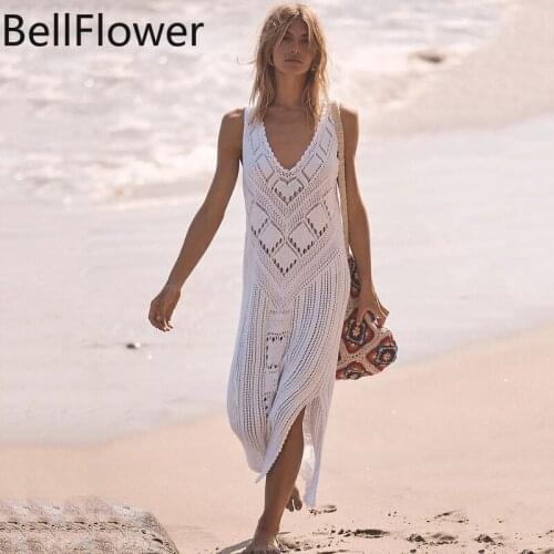 White Womens Knitted Blouse Sexy Sleeveless Hollow Out V Neck Swim Suit Cover Up Robes Beach Wrap Long Dress Vestido De Playa