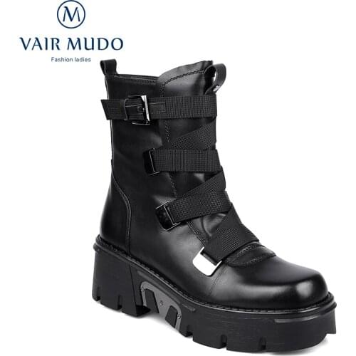 VAIR MUDO Ankle Boots Shoes Women Waterproof Platform Thick Bottom Black Cross-tied Genuine Leather Basic Female Autumn ShoeDX80