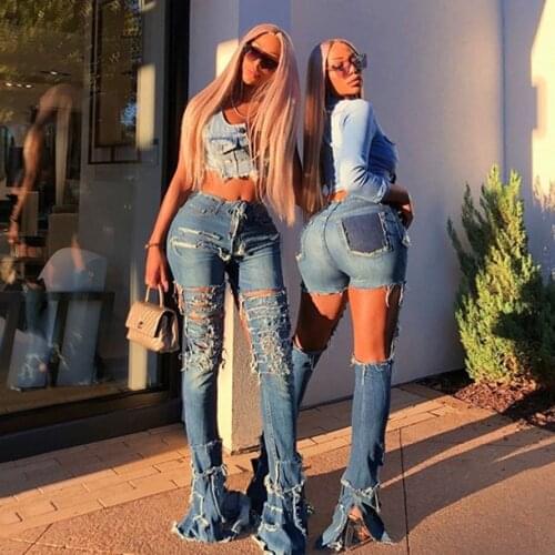 Women High-waisted Large Torn Torn Stretch Flared Denim Jeans Pants Washed Holes Ripped Demin Jeggings Ladies Skinny Flare Jeans