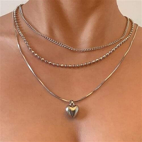 Vintage Heart Pendant Necklace For Women Gold Color Beaded Choker Multilayer Tassel Snake Chain Necklace Fashion Jewelry