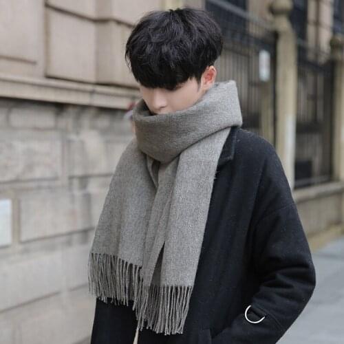 Winter 100% Lamb Wool Scarf Men Neck Warmer Thicken Solid Gray Pashmina Wraps for Mans Cashmere Foulard Solid Pure Wool Scarves