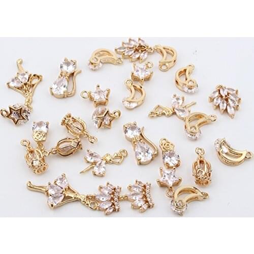 5pcs Cute Golden Crystal Moon Star Cat Earring Charms Dancers Crown Necklace Pendant Locket Glass Diy Decor Jewelry Findings