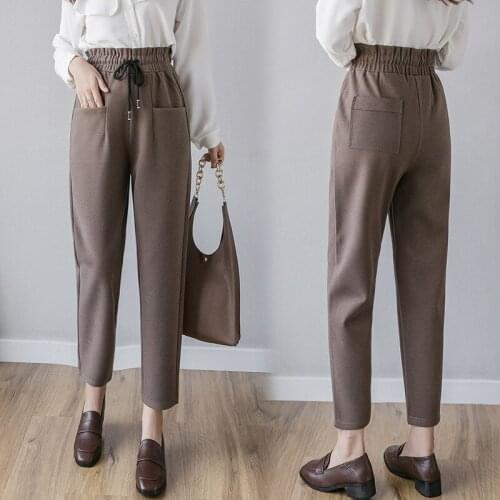 Casual Elastic High Waist Ankle Length Pants Autumn Winter Trousers Chic Pencil Harem Pants S-5XL Plus Size Women Woolen Pants