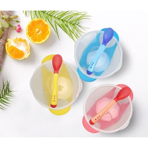 Childrens Tableware Universal Gyro Bowl Baby Learning Dishes With Suction Cup Temperature Sensing Spoon Baby Feeding Bowl