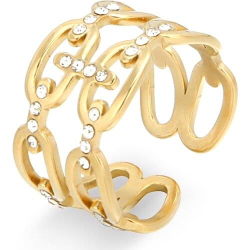 Statement Double Layer Gold Metal Texture Ring for Women Chain Rhinestones Opening Index Finger Ring bague femme Wedding Jewelry