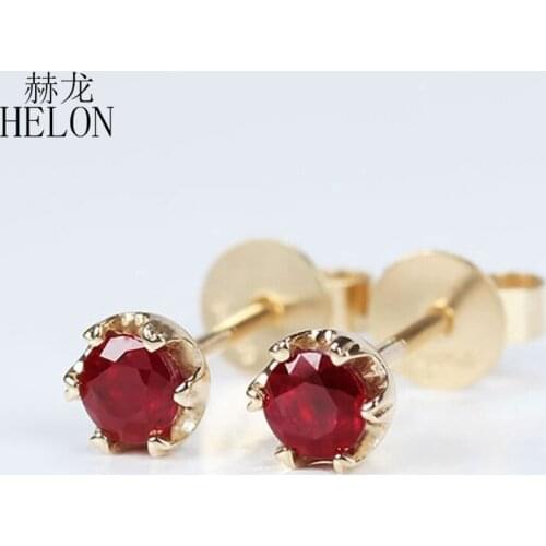 HELON Solid 14k Rose Gold 0.4-0.46ct Genuine Natural Ruby Engagement Wedding Women Unique Exquisite Trendy Jewelry Stud Earrings