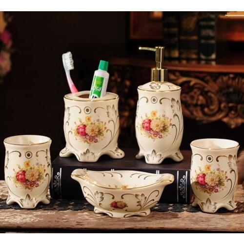 European style high quality Jingdezhen ceramic bathroom sets/1 emulsion bottle/1 soapbox/2 cups/1 toothbrush holder