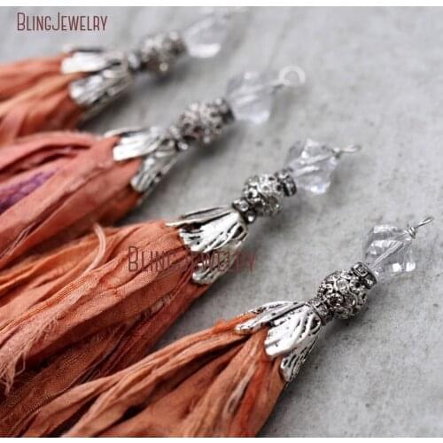 Coral Pink Sari Silk Tassel Pendant with Antique Silver Cap Crystal and Rhinestone Accent PM8959