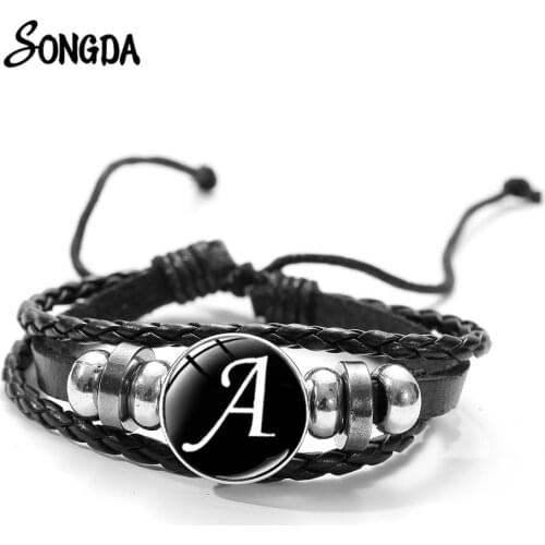 26 Letter A-Z Initial Alphabet Leather Bracelets for Women Men Braided Beaded Bracelet Bangle Punk Rock Glass Snap Jewelry Gift