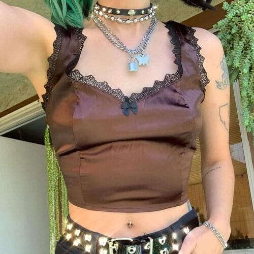 Lace Hem Satin Cyber Y2k Tops Women Gothic Patchwork Kawaii Clothes Tops For Girls Sexy Caramel Brown Summer Aesthetic Clothes