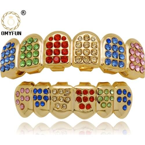 OMYFUN Teeth Caps Dental Grills Crystal Inlay Top & Bottom Mouth Grills Gold Color Hip Hop Tooth Grillz Men Body Jewelry Factory