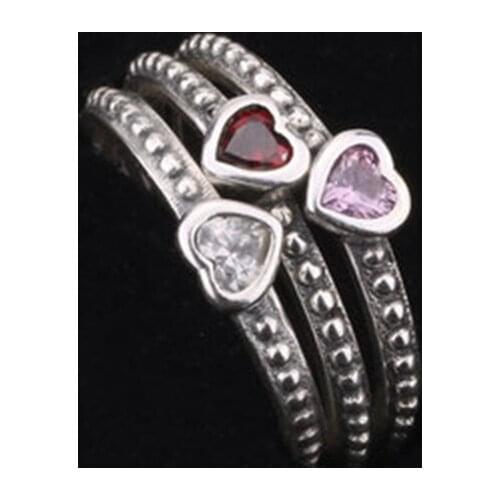Hot Sale 3 Colors 100% 925 Sterling Silver White&Pink&Red Color CZ Love Heart Rings Compatible Jewelry For Women