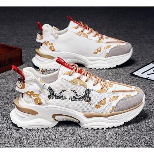 Mens Mesh Embroidery Crane Lace Up Sneakers Round Toe Low Heel Shoes Match Colors Boys Casual Sport 3Colors