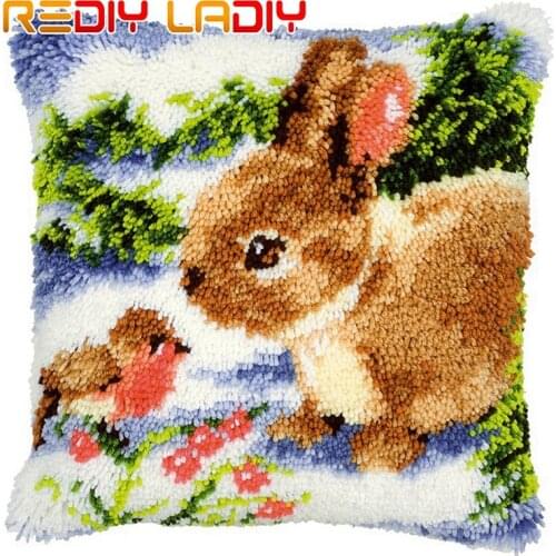 Latch Hook Cushion Kit Gift DIY Needlework Crocheting Throw Pillow Unfinished Yarn Cross-stitch Embroidery Pillowcase Rabbit