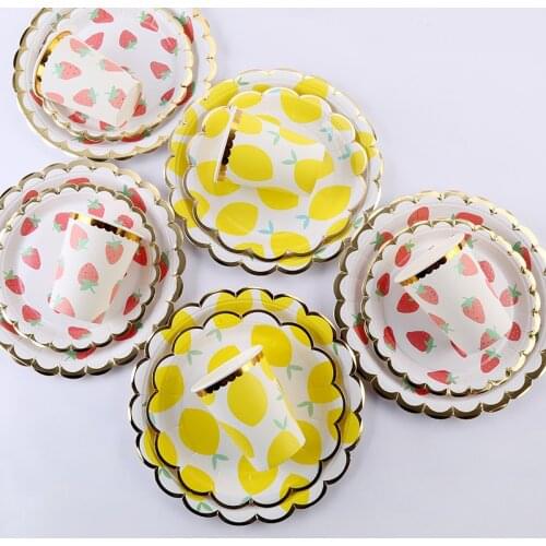 Fruit Tableware Set Strawberry Lemon Disposable tableware Plates Cups Napkins Paper Drinking Straws Kids Birthday Party Supply