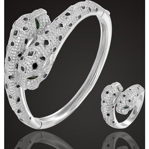 Zlxgirl Luxury Brand Jet Enamel cubic zircon leopard bangle with ring jewelry animal Bangle Bracelet For Women Jewelry free bag