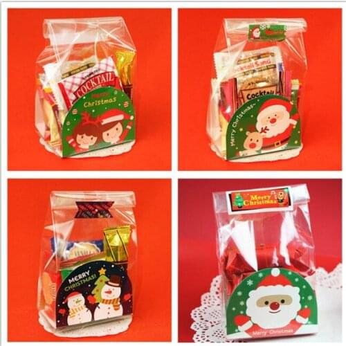 50Pcs/Lot Christmas Bread Bags Toast Bag Handmade Biscuit Bag Paper Cards Plastic Santa Clause Snowman Packaging Wedding Pouches