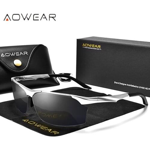 AOWEAR Cool Aluminum Rimless Polarized Sunglasses Men Outdoor Sport Retro Sun Glasses Male Yellow Night Vision Driving Glasses