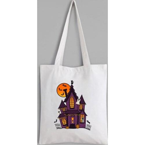 Haunted House Tote Bag Custom Shopping Bags with Logo Halloween Pumpkin House Canvas Bag Reusable Geometric Bags