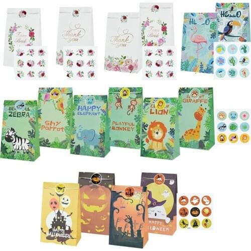 12Pcs/Lot Colorful Paper Candy Bag With 18Pcs Sticker For Wedding Birthday Home Halloween Theme Party Decor Dessert Gift Package