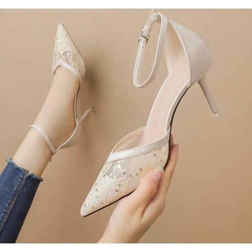 Womens Shoes High Heels Lady Pointed-Toe Mesh Rhinestone V Mouth a Word Buckle Sandals Heels Party Shoes 2020 Summer New