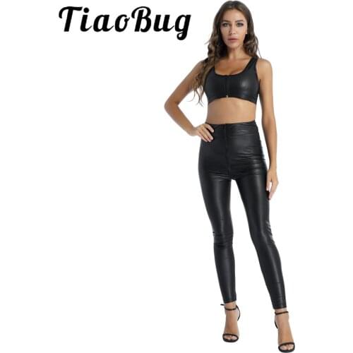 Womens Patent Leather Pants Set Scoop Neck Sleeveless Cropped Tank Top Zipper Crotch High Waist Pants Pole Dace Rave Outfits