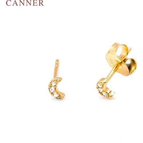 CANNER Real 925 Sterling Silver Earrings For Women Mini Moon Stud Earrings Zircon Diamond Korean Pendientes Silver Gold Jewelry
