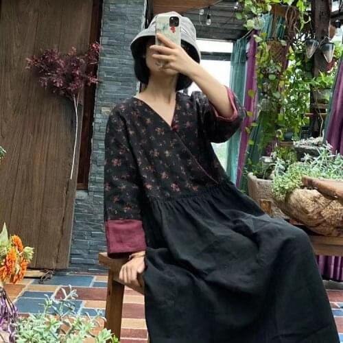 Women Autumn Retro Patchwork Linen Dress Ladies Vintage Spliced Flax Dress Female 2021 Spring Dresses