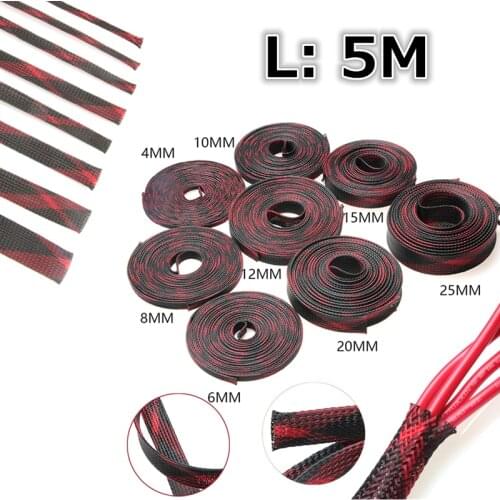 5M Black&Red Insulation Braided Sleeving Tight PET Expandable Cable Sleeve 2/4/6/8/10/12/15/20/25mm Wire Gland Cable Protection