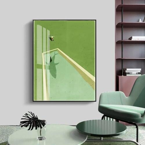 Abstract Green Shark Diving Canvas Painting Poster Print Scandinavia Wall Art Pictures for Living Room Home Decoration NO FRAME