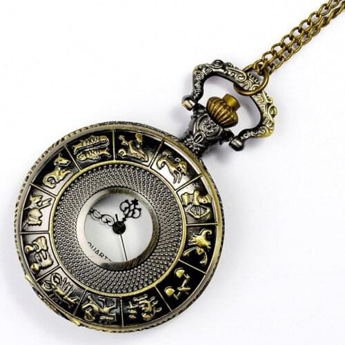 0 Chinese Zodiac Pattern Skeleton Cover Fob Watch Classic Digit Dial Bronze Vintage Quartz Exquisite Chain Pocket Watch
