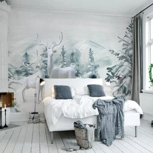 Decorative wallpaper 3D suya Nordic style elk pine forest watercolor TV background wall