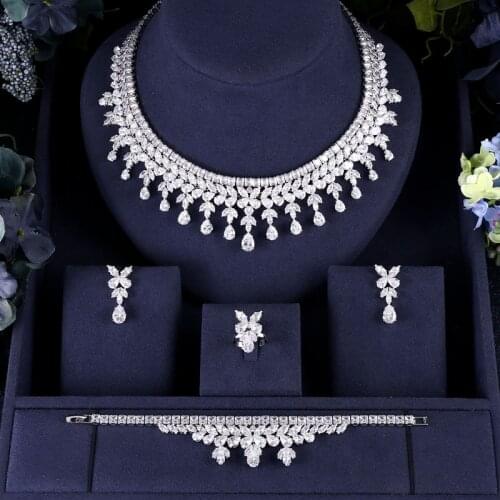 Janekelly Luxury cubic zirconia necklace bracelet earrings and ring 4pcs dubai full jewelry set for women,bridal dress dinner