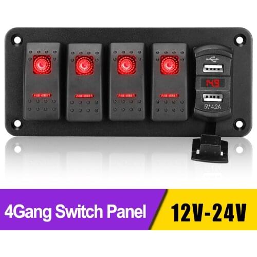 4 Gang 12V/24V Rocker Switch Panel Circuit Control Dual USB Port Charger Breaker LED Digital Voltmeter For Boat ATV Marine RV