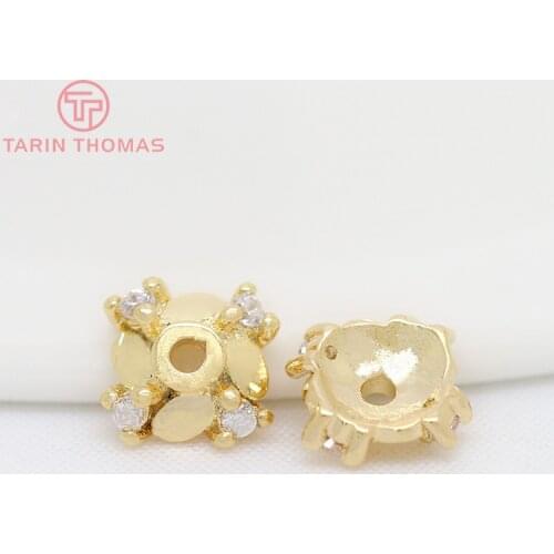 6PCS 6MM Hole 0.8MM 24K Gold Color Brass with Zircon Bead Caps for DIY High Quality Diy Jewelry Accessories