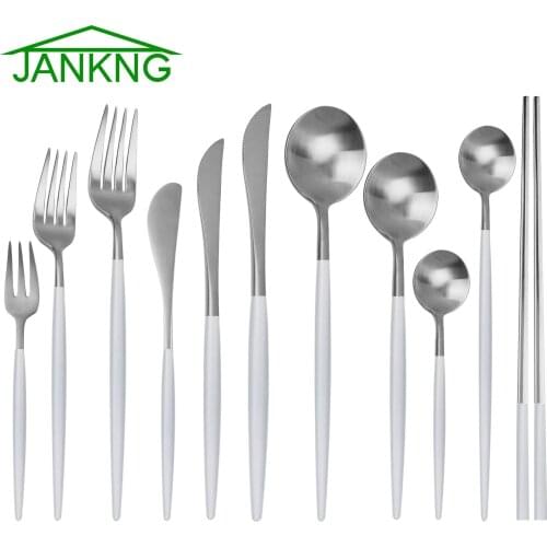 White Handle Dinnerware Set Wedding Golden Travel Cutlery Set 18/10 Stainless Steel Dinner Knife Fork Scoop Silverware Wholesale