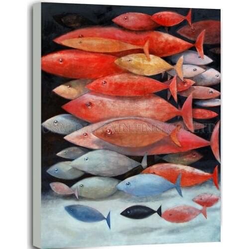 New Arrivals Handmade Colorful Fish School Oil Painting for Living Room Hand-painted Abstract Fishes Oil Painting for Wall Art