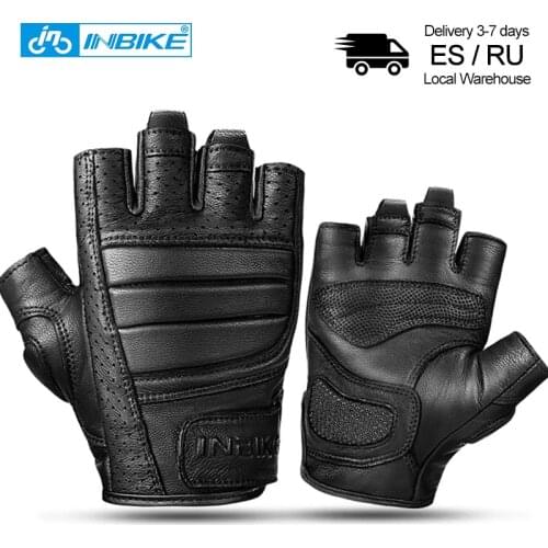 INBIKE Half Finger Cycling Gloves Goatskin Leather Summer Bicycle Gloves Breathable Waterproof Motorcycle Men MTB Shockproof